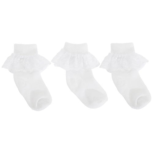 Front - Baby/Girls Cotton Rich Lace Frilly Top Socks With Floral Design (Pack Of 3)