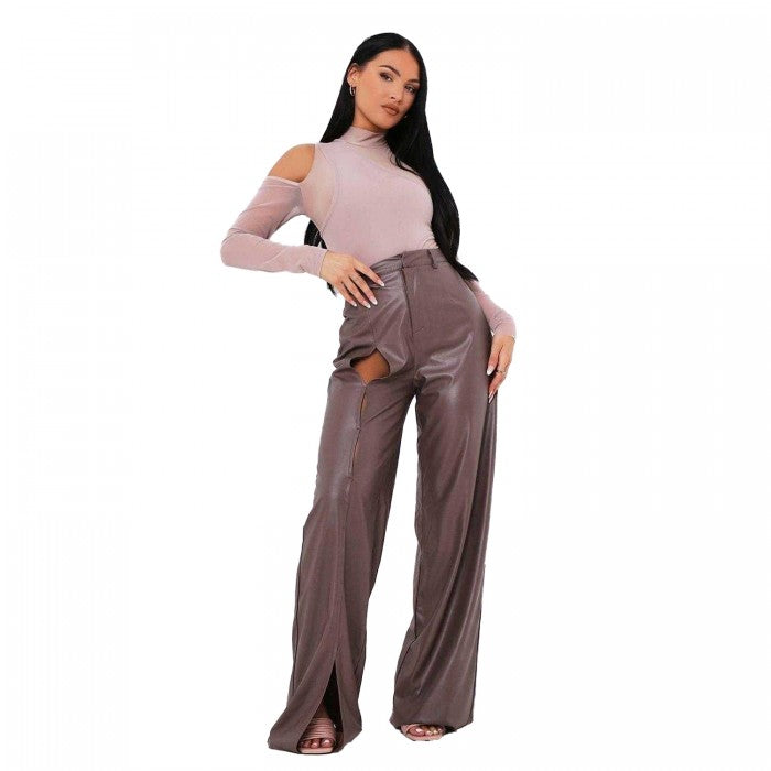 Front - Missy Empire Womens/Ladies PU Cut Out High Waist Trousers