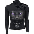 Front - Spiral Direct Womens/Ladies Black Cat Pentagram Shoulder Long-Sleeved Top
