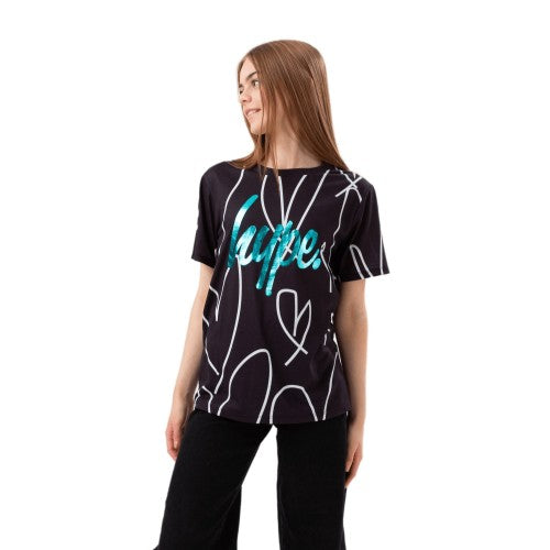 Front - Hype Girls Sketch Heart Holographic Script T-Shirt