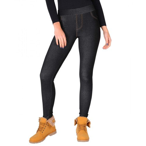 Front - Krisp Womens/Ladies Denim Look Fur Lined Leggings
