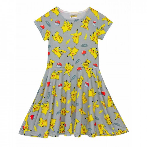 Front - Pokemon Girls Pikachu Short-Sleeved Skater Dress