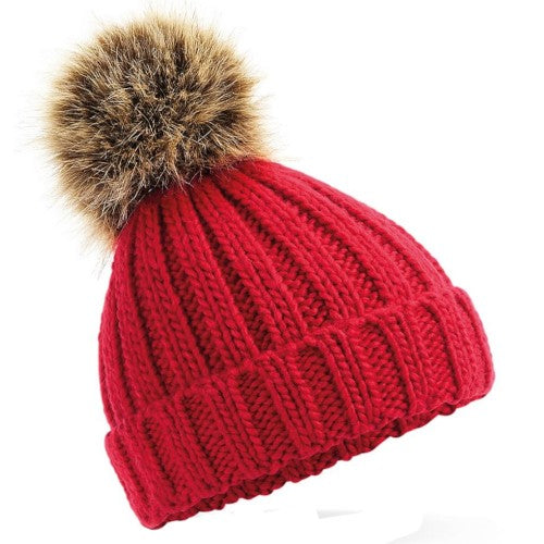 Front - Beechfield Junior Fur Pom Pom Chunky Beanie