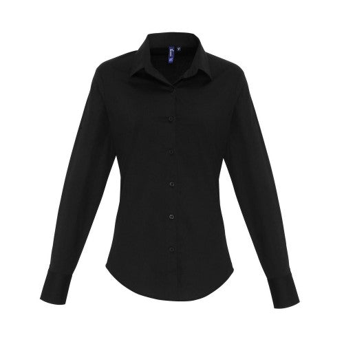 Front - Premier Womens/Ladies Poplin Stretch Long-Sleeved Shirt