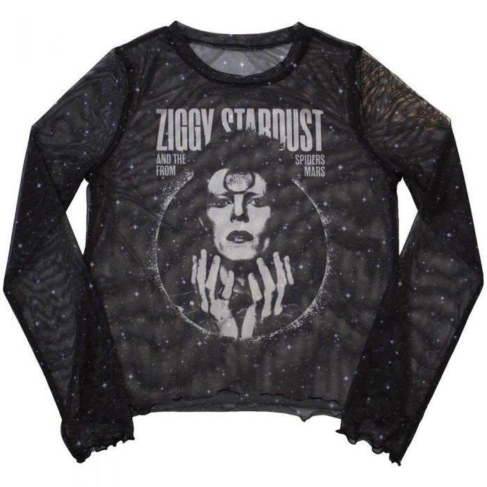Front - David Bowie Womens/Ladies Ziggy V1 Mesh Long-Sleeved Crop Top