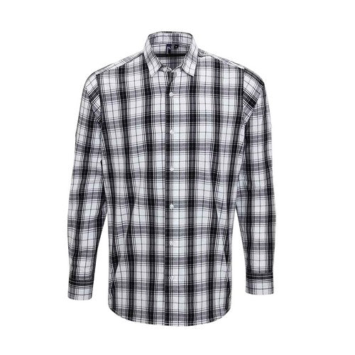 Black-White - Front - Premier Mens Ginmill Checked Long-Sleeved Shirt