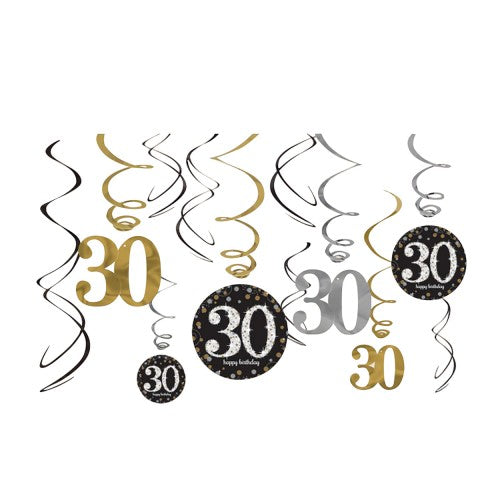 Front - Amscan Sparkling Gold Celebration 30th Birthday Hanging Swirl Decorations - 12 Pack