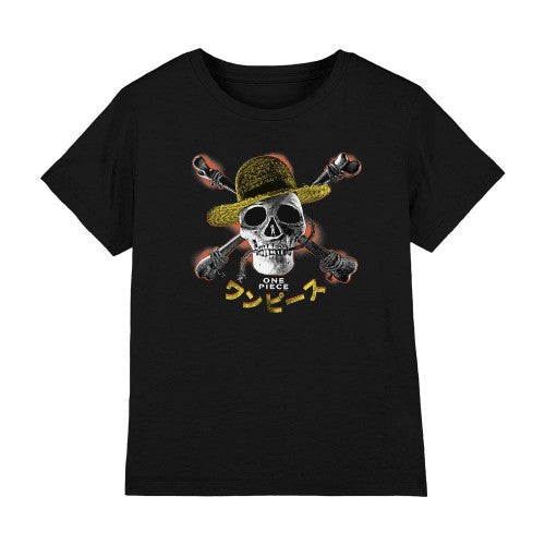 Front - One Piece Childrens/Kids Straw Hat Jolly Roger T-Shirt