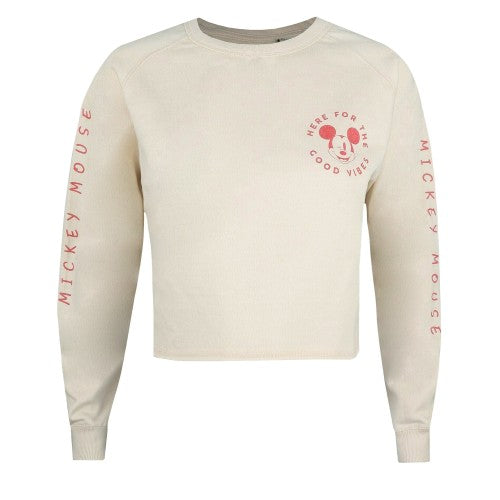 Front - Disney Womens/Ladies Here For The Good Vibes Mickey Mouse Crop Sweatshirt