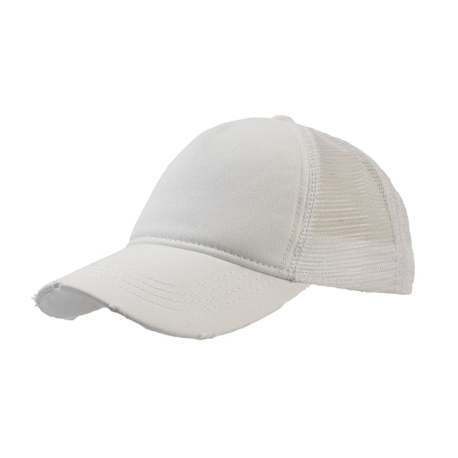 White-White - Pack Shot - Atlantis Rapper Destroyed 5 Panel Weathered Trucker Cap