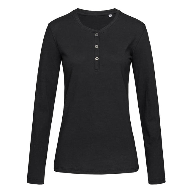 Black Opal - Front - Stedman Womens-Ladies Sharon Slub Henley Long Sleeved Tee