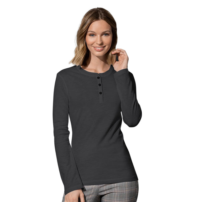 Black Opal - Back - Stedman Womens-Ladies Sharon Slub Henley Long Sleeved Tee