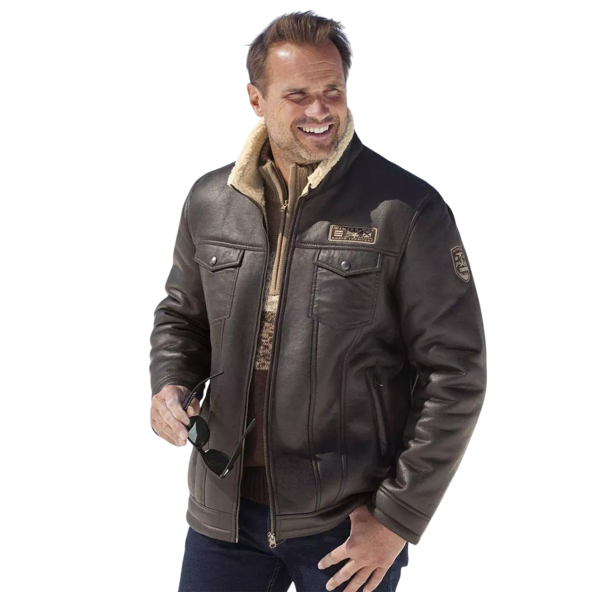 Brown-Cream - Back - Atlas For Men Mens Aviator Faux Suede Jacket