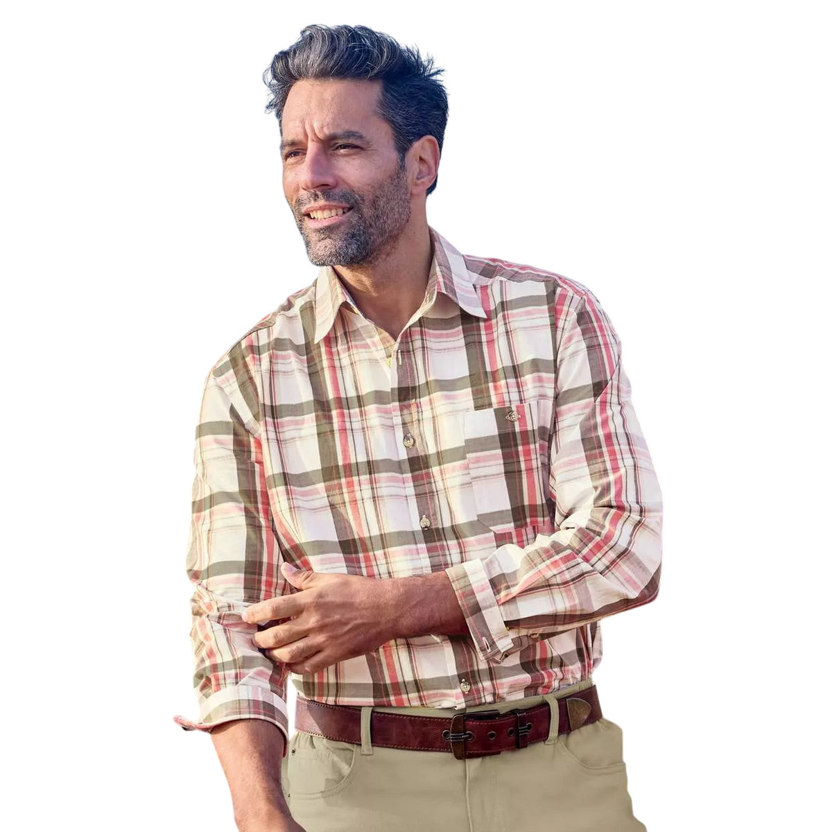 Ecru-Khaki-Coral - Back - Atlas For Men Mens Checked Poplin Shirt