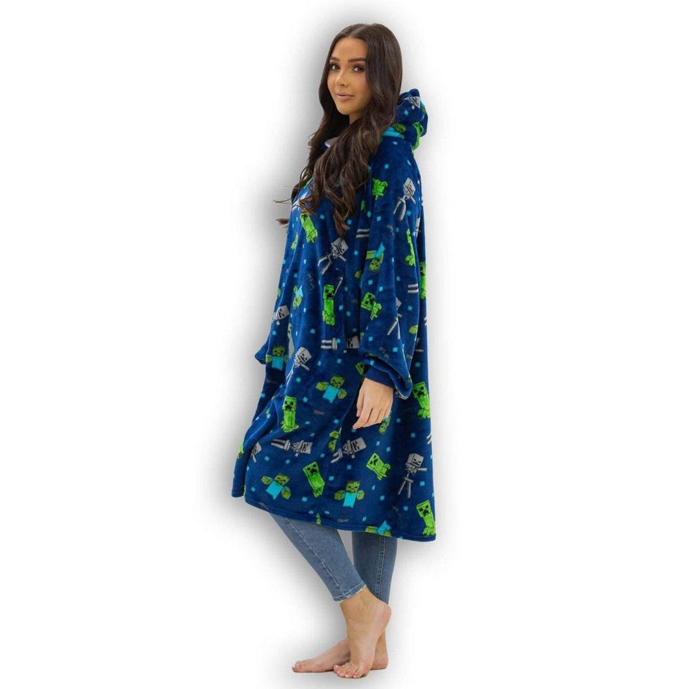 Blue-Green-Grey - Side - Minecraft Unisex Adult Creeps Fleece Hoodie Blanket