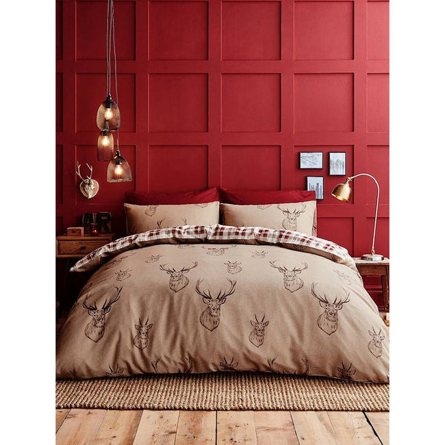 Beige-Cream-Red - Back - Catherine Lansfield Stag Duvet Cover Set