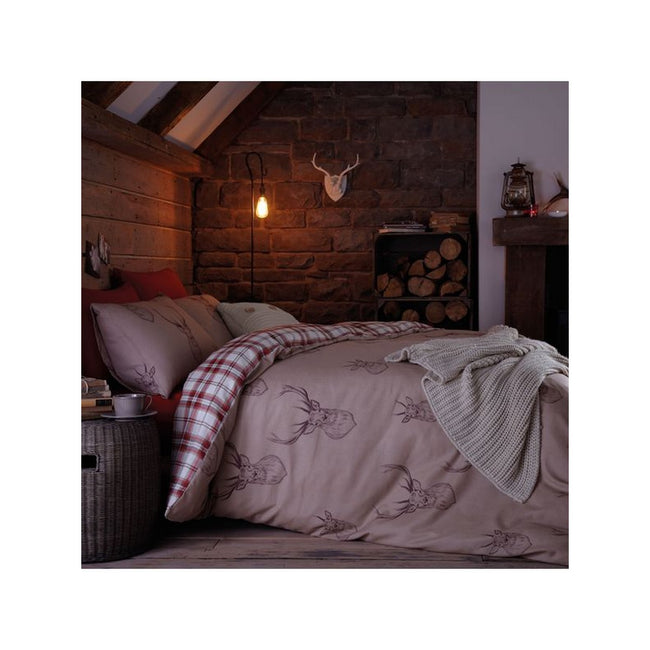 Beige-Cream-Red - Side - Catherine Lansfield Stag Duvet Cover Set