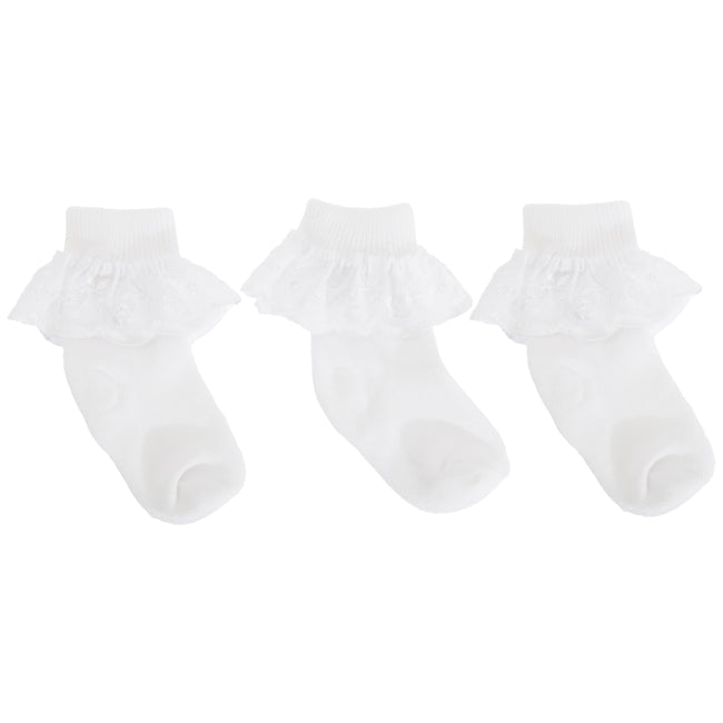 White - Front - Baby-Girls Cotton Rich Lace Frilly Top Socks With Floral Design (Pack Of 3)