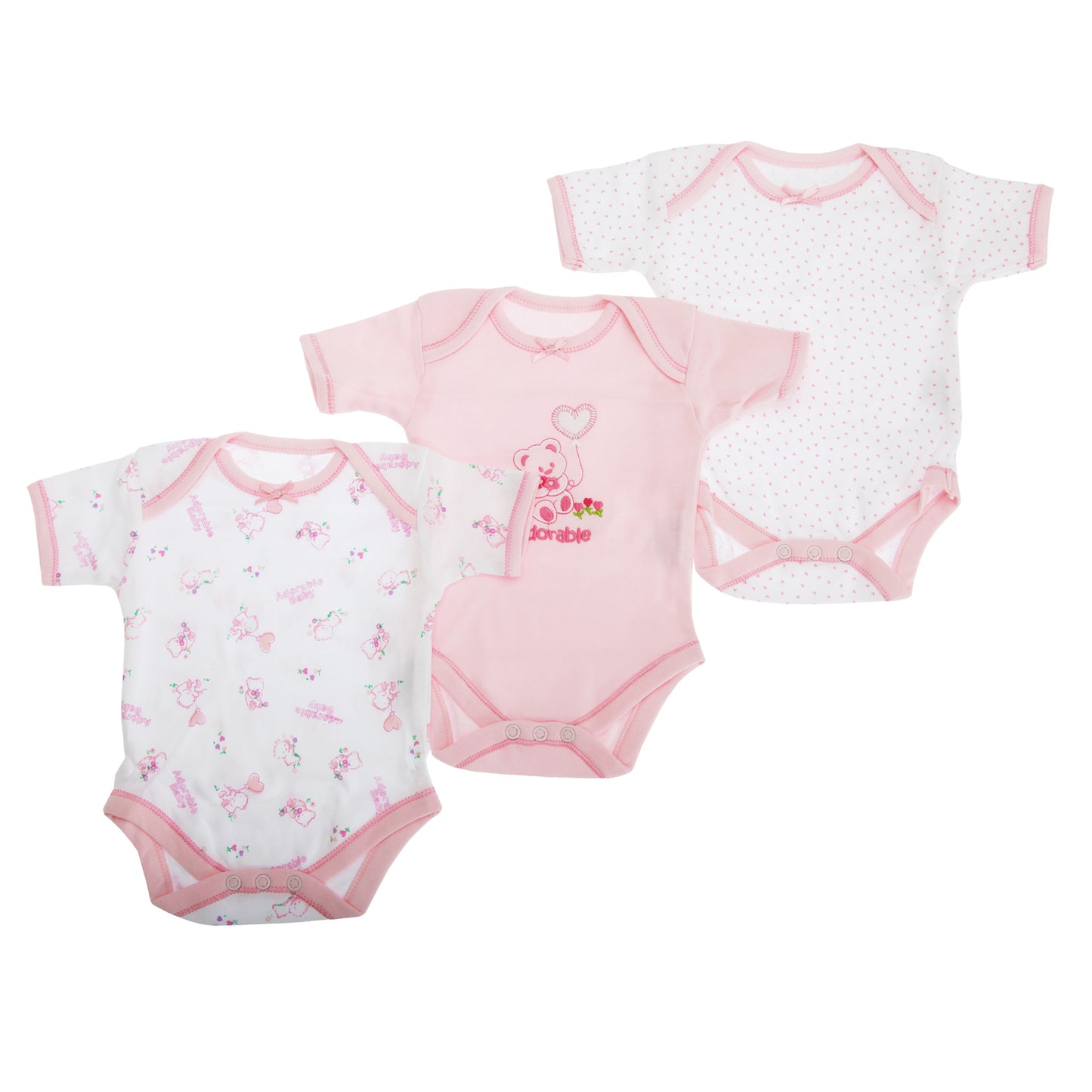 See Image - Front - Baby Bodysuits, Baby Girls Pink Bear Pattern Short Sleeve Bodysuit (Pack Of 3)