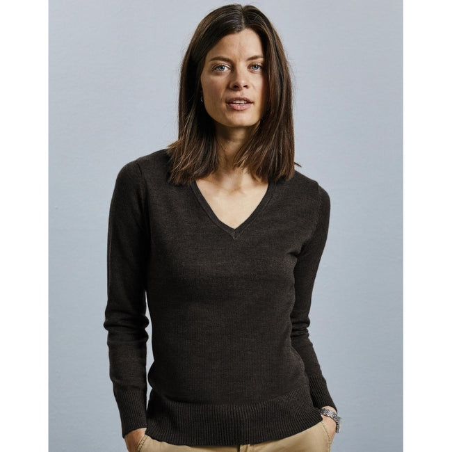 Charcoal Marl - Back - Russell Collection Ladies-Womens V-Neck Knitted Pullover Sweatshirt