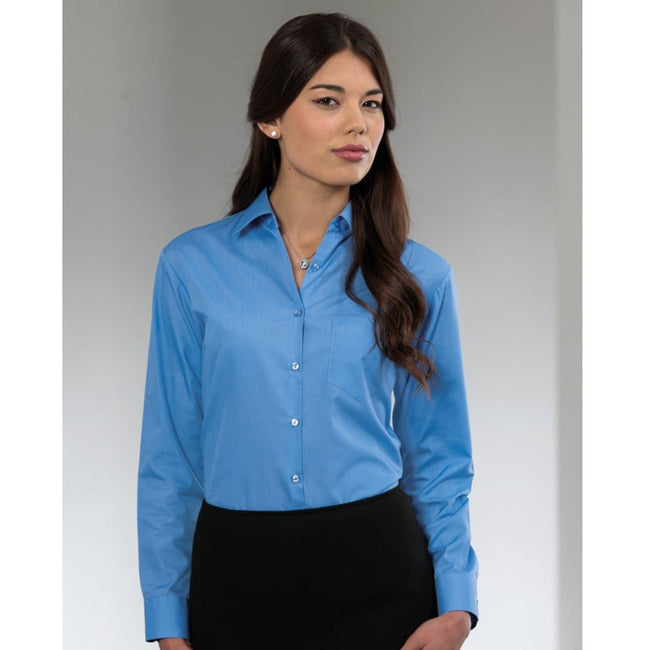 Corporate Blue - Side - Russell Collection Ladies-Womens Long Sleeve Poly-Cotton Easy Care Fitted Poplin Shirt