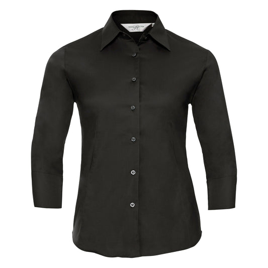 Black - Front - Russell Collection Ladies-Womens 3-4 Sleeve Easy Care Fitted Shirt