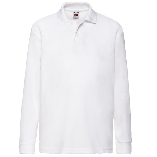 White - Front - Fruit Of The Loom Childrens Long Sleeve 65-35 Pique Polo - Childrens Polo Shirts