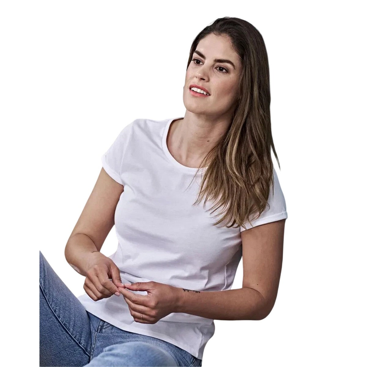 White - Side - Tee Jays Womens-Ladies Roll Sleeve Cotton T-Shirt