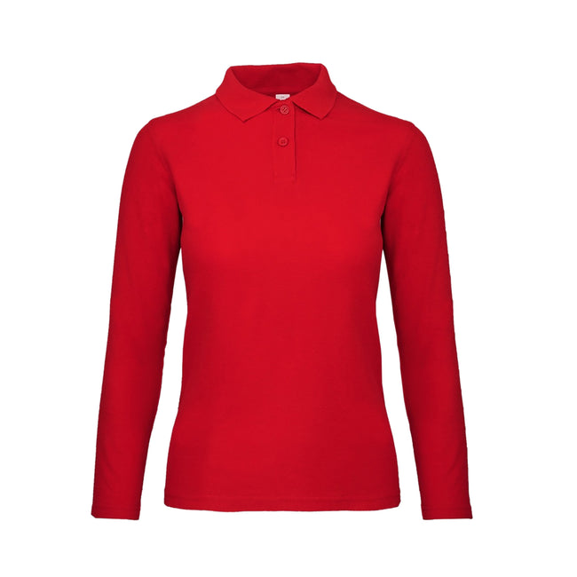 Crimson - Front - B&C ID.001 Womens-Ladies Long Sleeve Polo