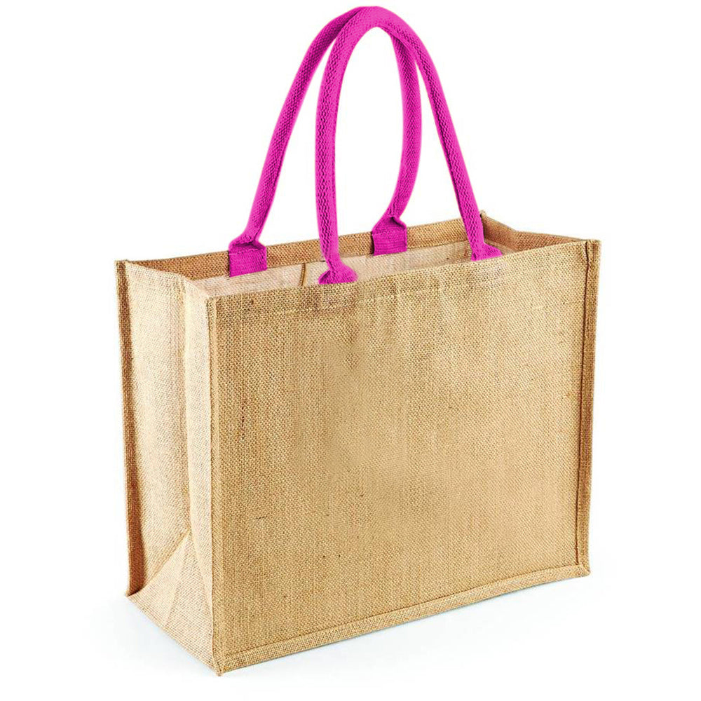 Natural-Fuchsia - Back - Westford Mill Classic Jute Shopper Bag (21 Litres) (Pack of 2)