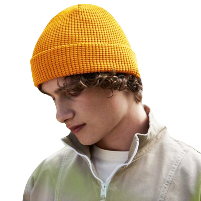 Mustard Yellow - Side - Beechfield Waffle Organic Cotton Beanie