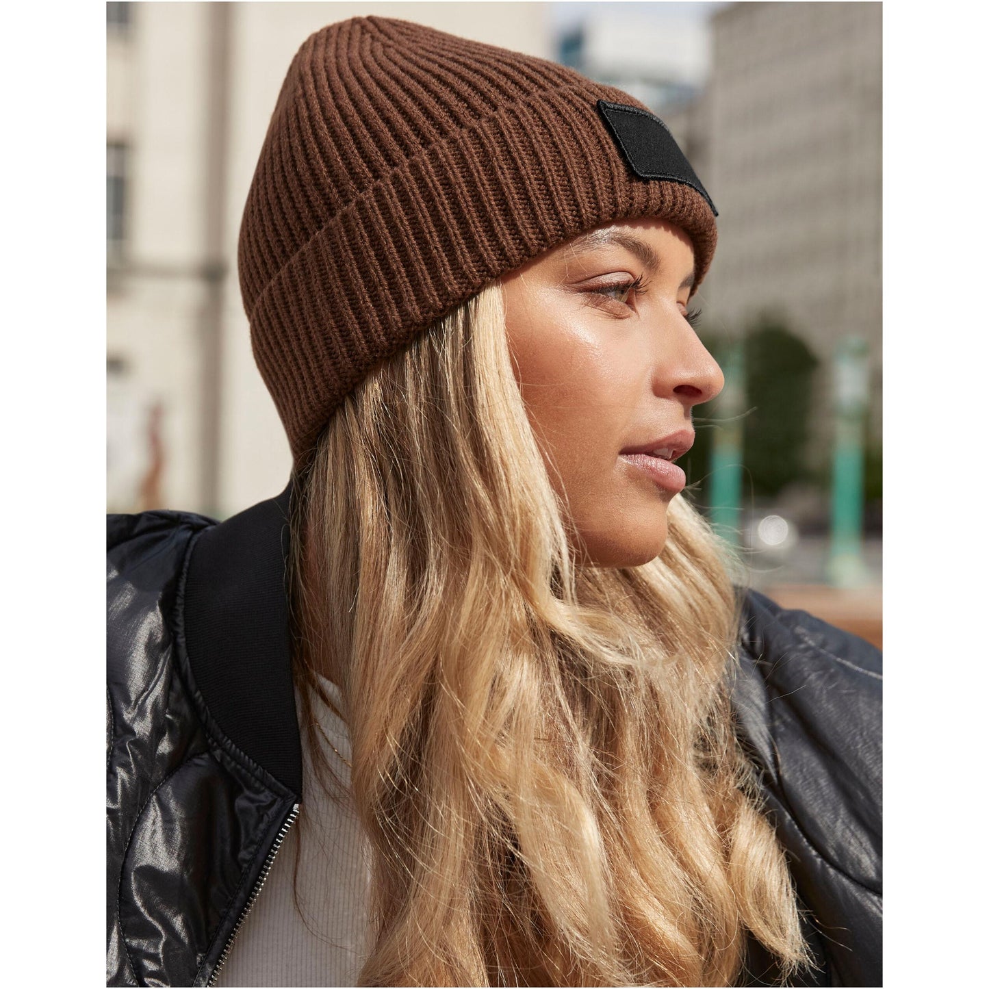 Walnut-Black - Close up - Beechfield Unisex Adult Patch Beanie