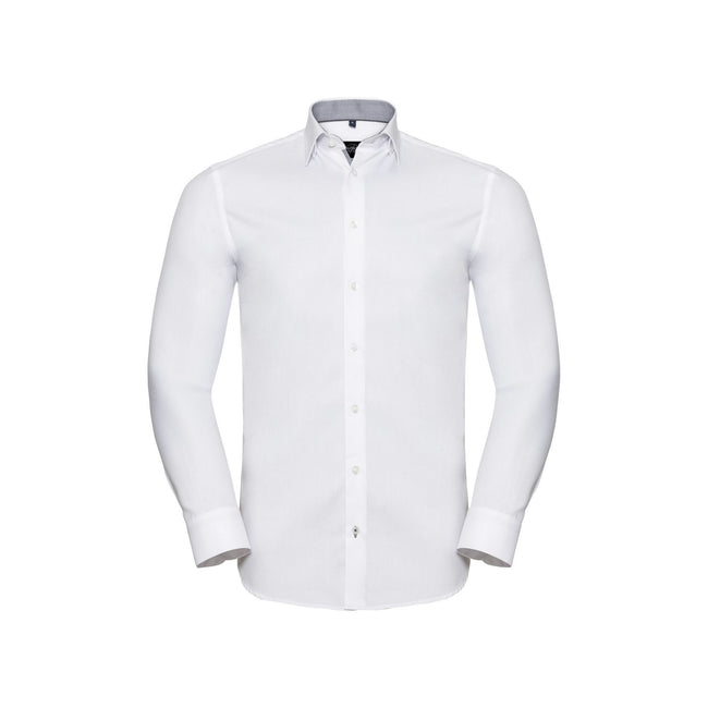White-Silver-Convoy Grey - Front - Russell Collection Mens Herringbone Tailored Long-Sleeved Formal Shirt