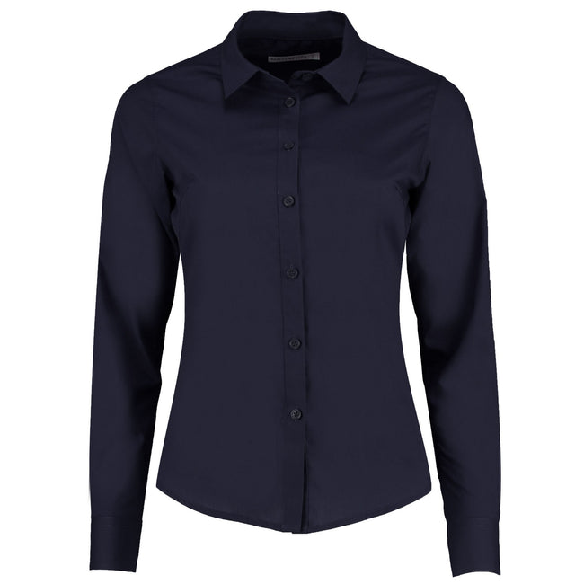 Dark Navy - Front - Kustom Kit Womens-Ladies Poplin Tailored Long-Sleeved Shirt