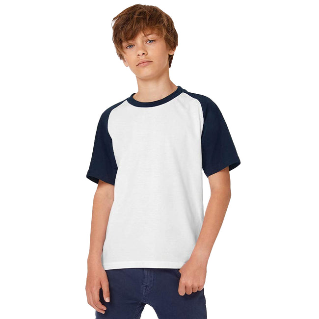 White-Navy - Back - B&C Childrens-Kids Short-Sleeved Baseball T-Shirt