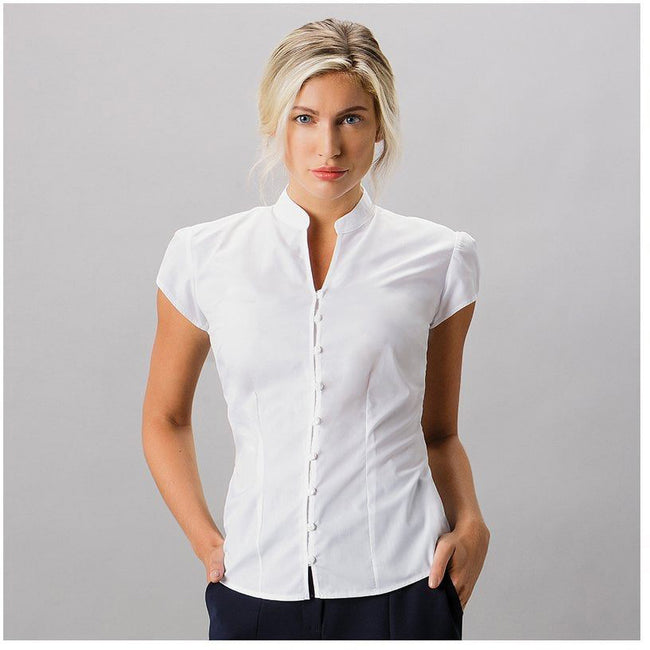 White - Back - Kustom Kit Ladies Continental Blouse Mandarin Collar Cap Sleeve