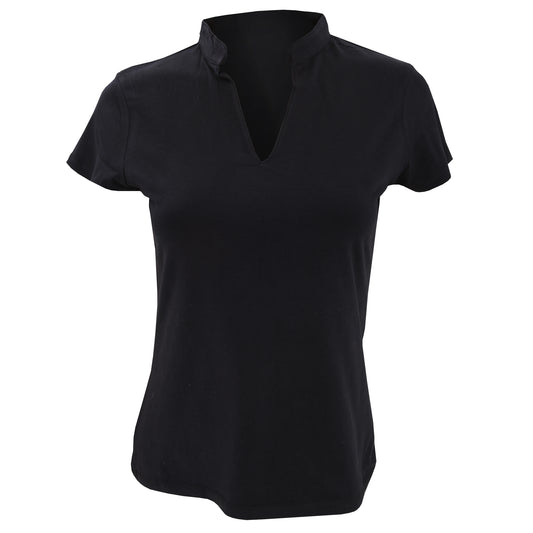 Black - Front - Kustom Kit Ladies Corporate Short Sleeve V-Neck Mandarin Collar Top