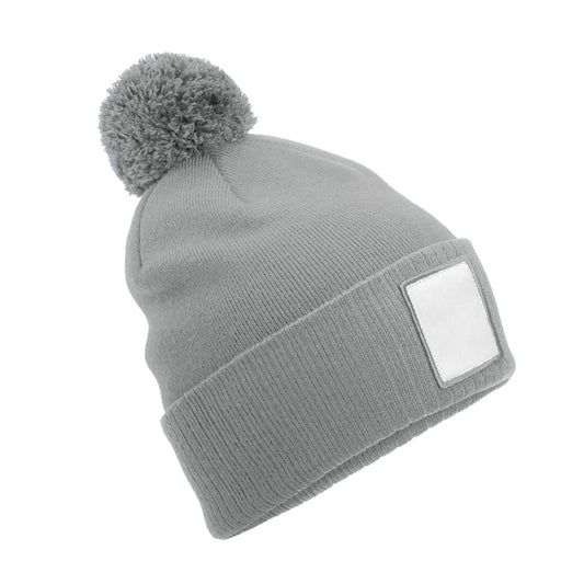 Ash-White - Front - Beechfield Pom Pom Appliqué Patch Beanie