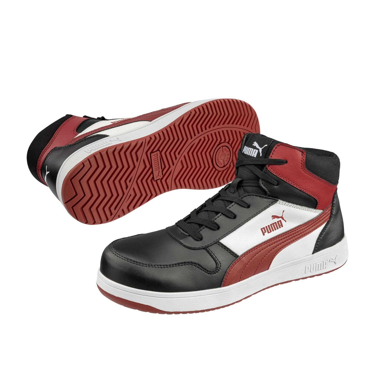 Black-White-Red - Close up - Puma Safety Mens Frontcourt Leather Mid Cut Trainers