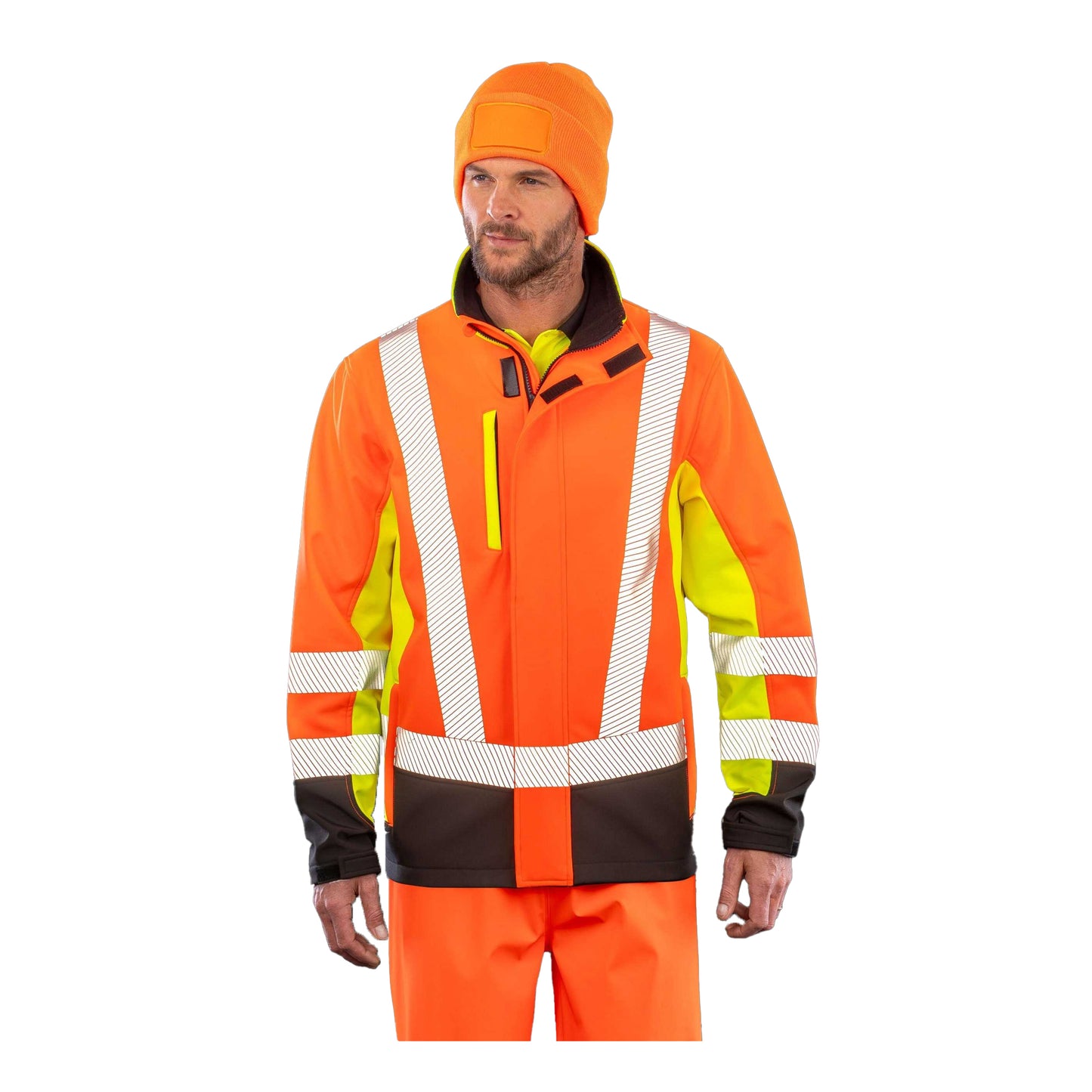 Fluorescent Yellow-Fluorescent Orange-Black - Lifestyle - Result Recycled Unisex Adult Safety 3 Tone 3 Layer Jacket