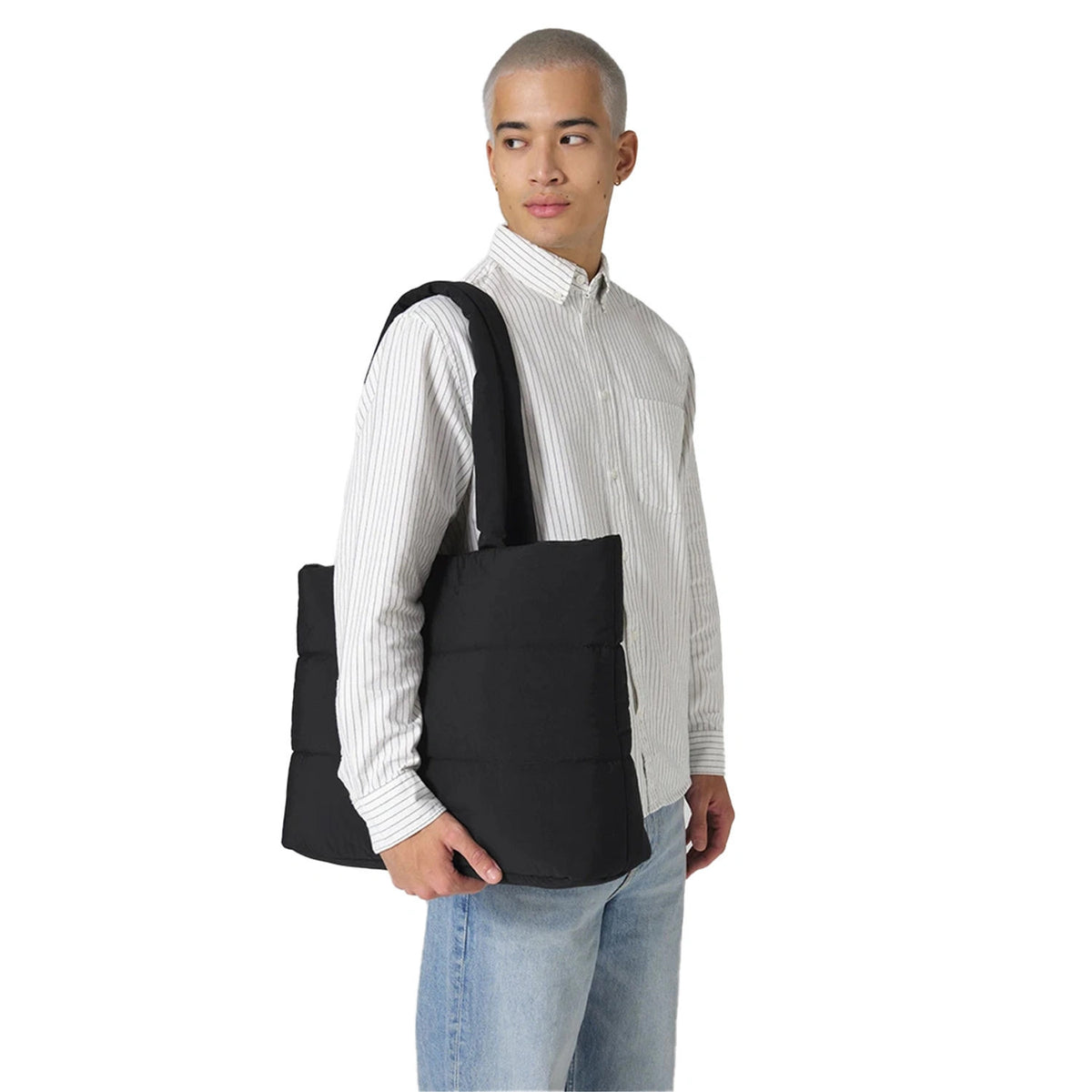Black - Side - Bagbase Quilted Tote Bag