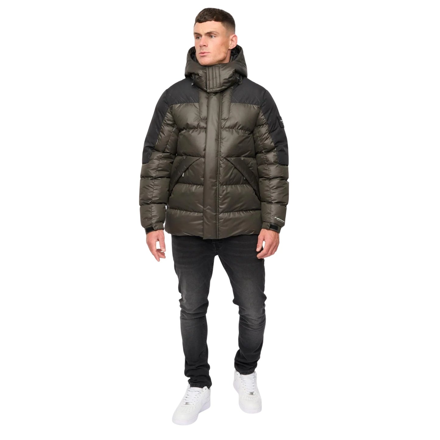 Olive - Close up - Crosshatch Mens Camptor Panelled Jacket