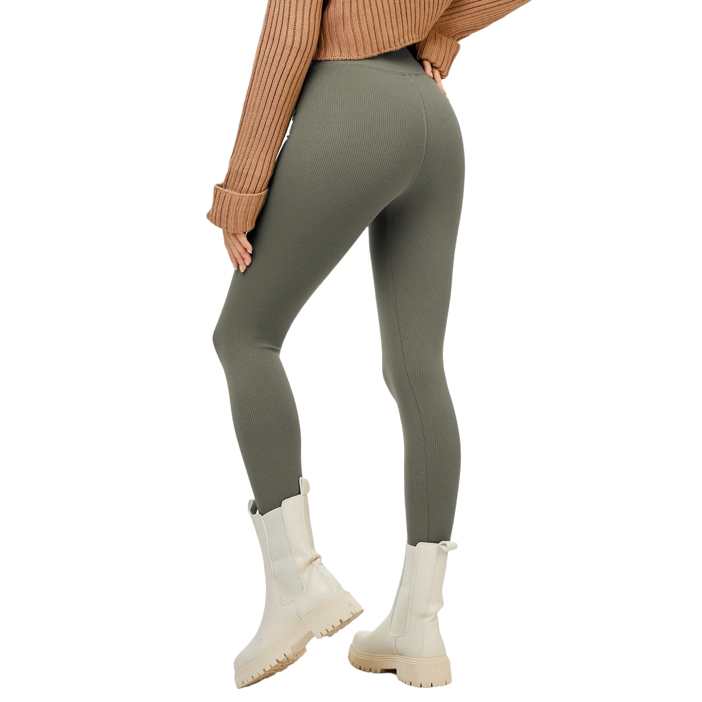 Olive - Back - Lookus Womens-Ladies Irem Fleece Lined Ribbed Leggings