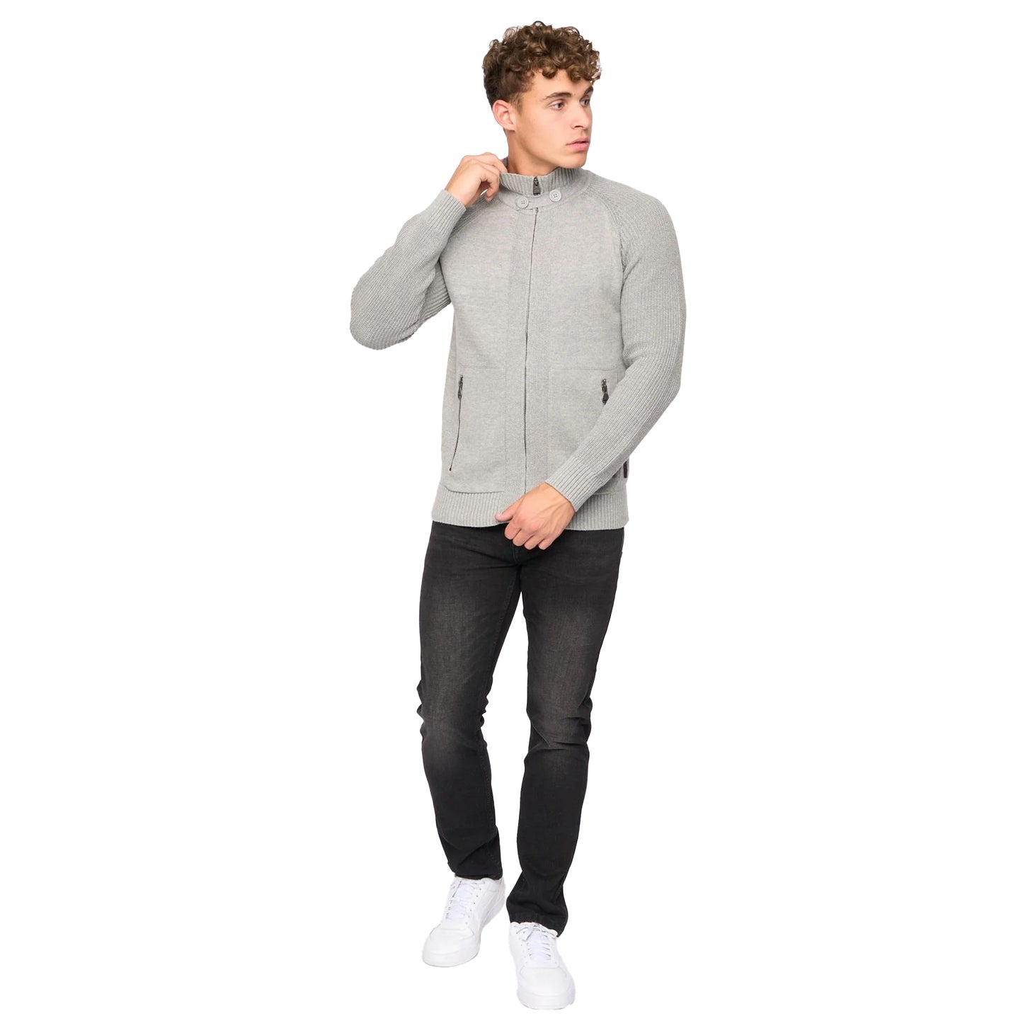 Grey - Side - Crosshatch Mens Birchin Knitted Full Zip Jumper