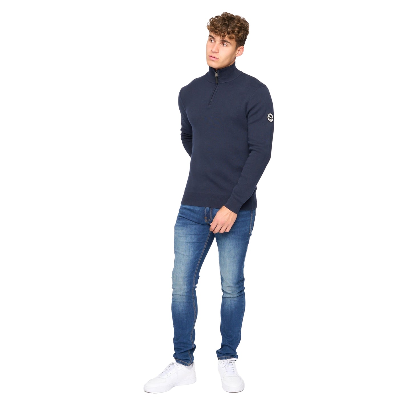 Navy - Side - Bewley & Ritch Mens Kempsford Knitted Funnel Neck Jumper