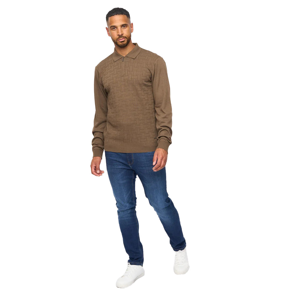 Dark Taupe - Side - Bewley & Ritch Mens Aldrich Knitted Quarter Zip Long-Sleeved Polo Shirt
