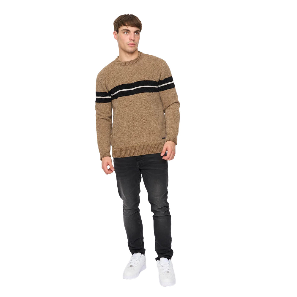 Taupe - Side - Crosshatch Mens Roundall Chenille Knitted Jumper