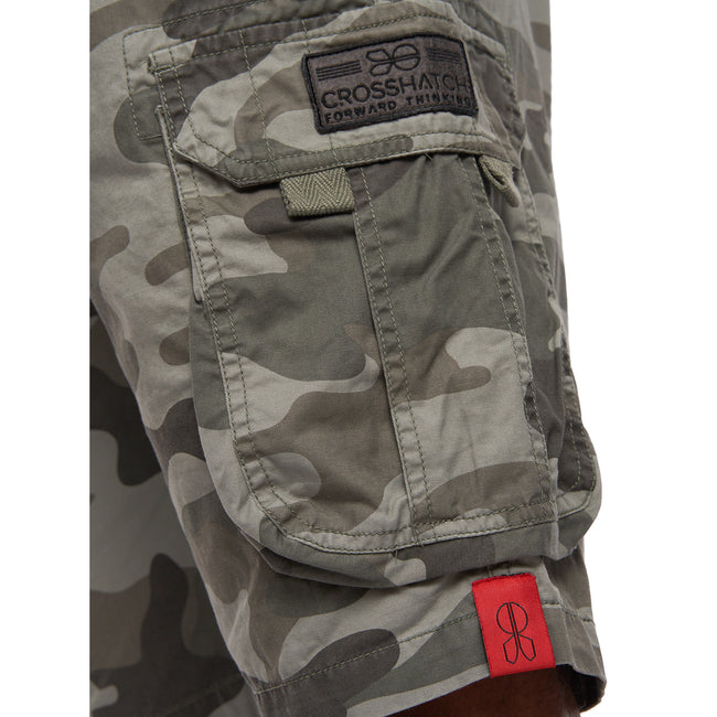 Olive - Close up - Crosshatch Mens Watchford Camo Cargo Shorts