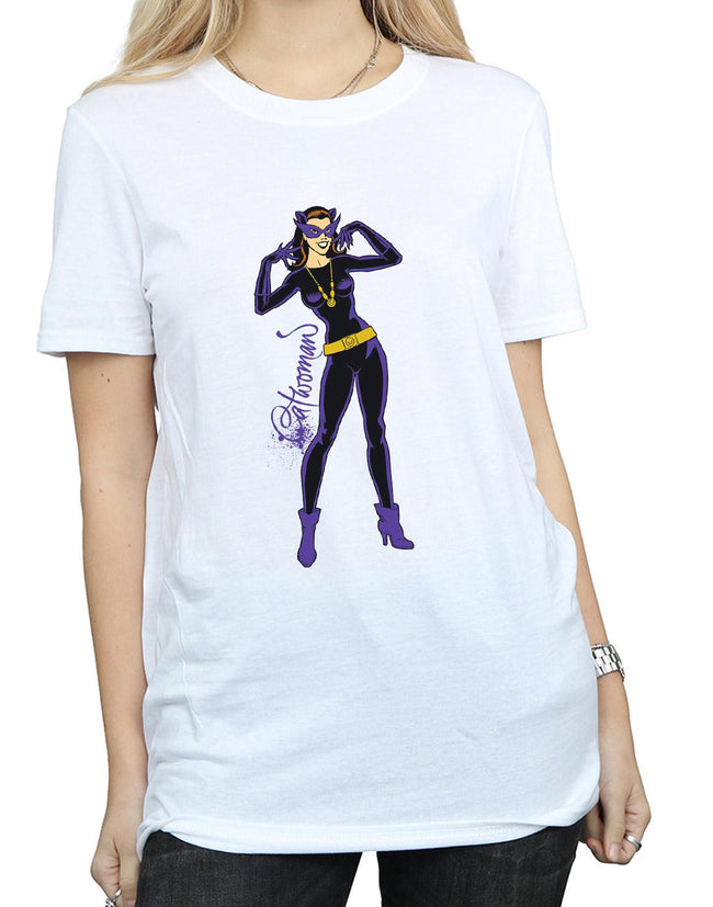 White - Side - DC Comics Womens-Ladies Catwoman Happy Pose Cotton Boyfriend T-Shirt