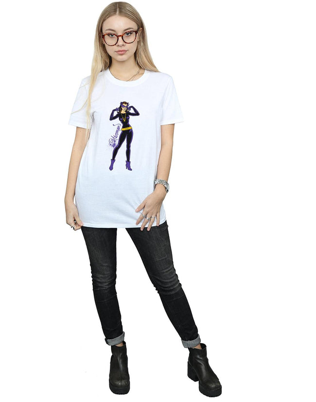 White - Lifestyle - DC Comics Womens-Ladies Catwoman Happy Pose Cotton Boyfriend T-Shirt